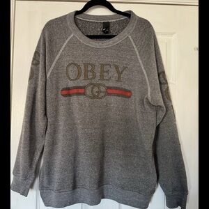 RARE Obey Gray Sweatshirt with Red Stripe and Gold Logo
